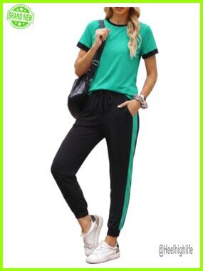 2 Piece Lounge Set Short Sleeve Color Block Tracksuit Jogger Outfit